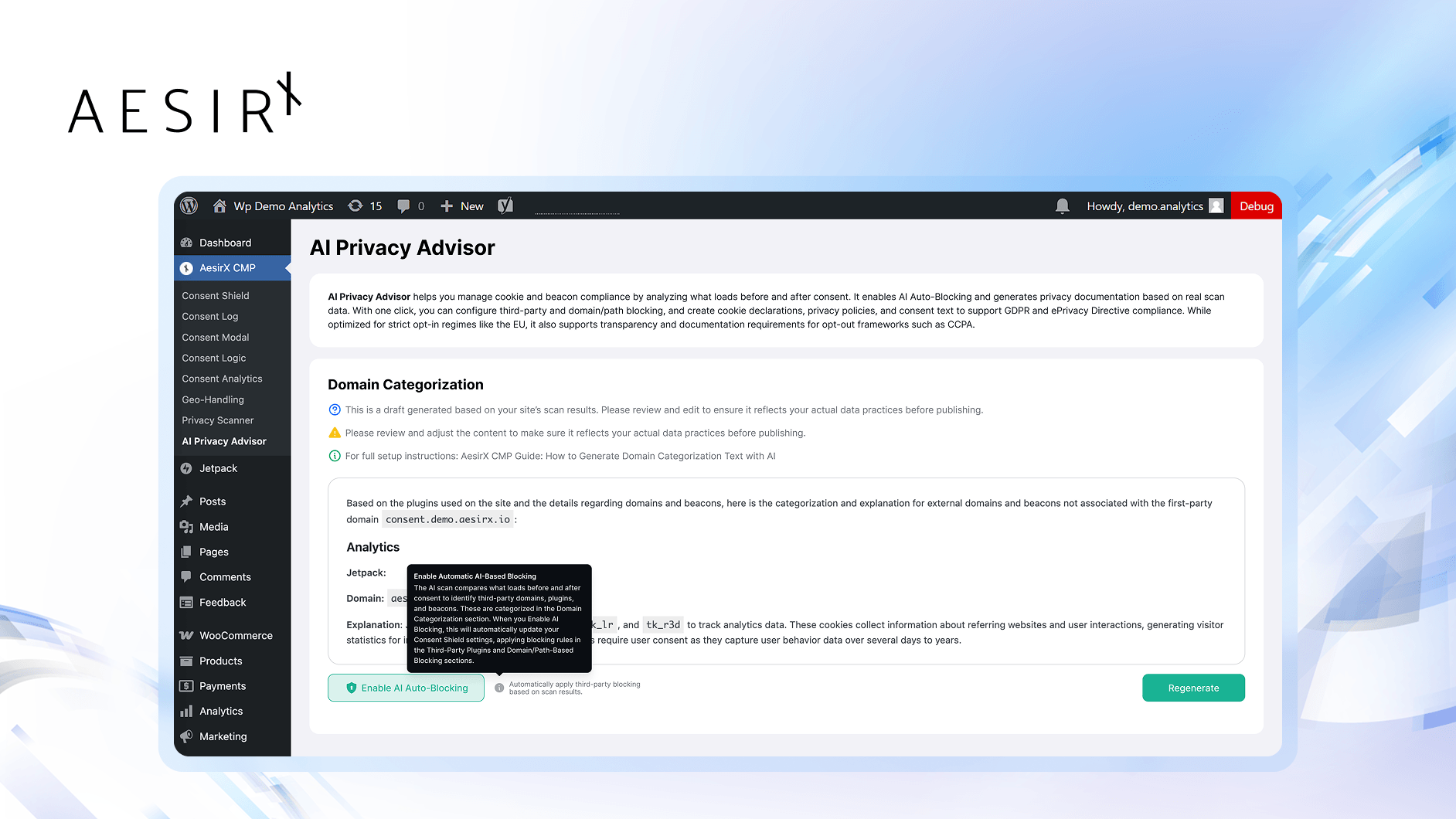 aesirx cmp 1 click ai auto blocking