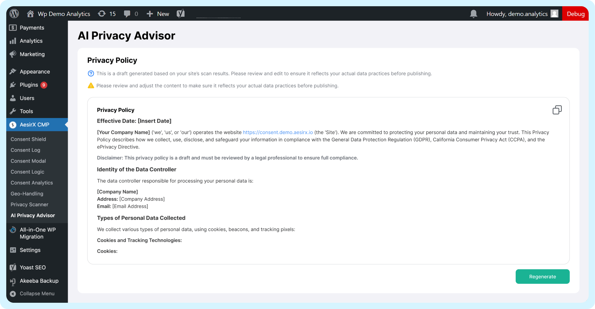 how to create a privacy policy using the aesirx cmp ai tool