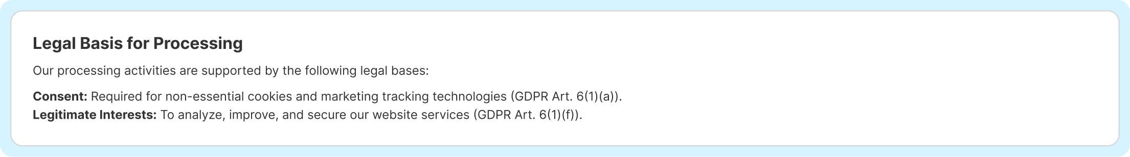 aesirx ai privacy advisor legal basis for processing section