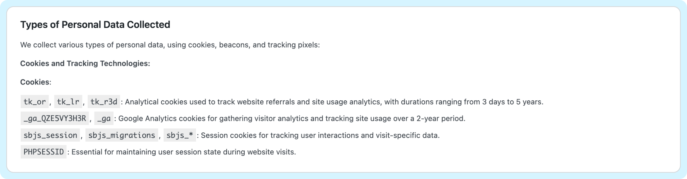 privacy policy generator types of personal data collected section